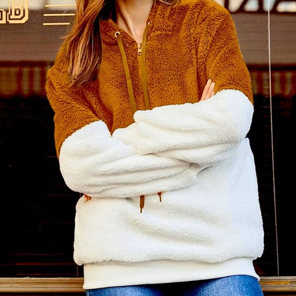 LONGYUAN Fuzzy Cozy Brown and White Sherpa Hoodie with pockets, size 2X - Picture 4 of 8